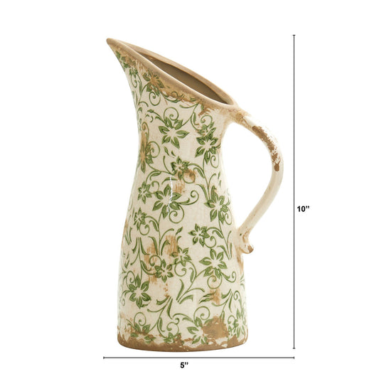 10” Tuscan Ceramic Green Scroll Pitcher Vase - TheHardenGarden