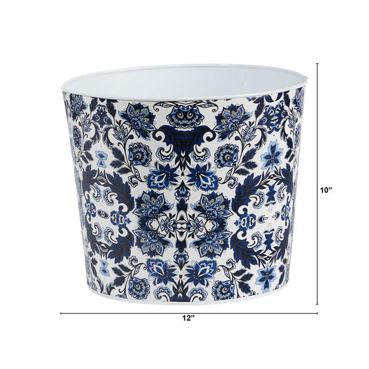 12” Oriental Blue and White Classic Round Metal Planter - TheHardenGarden