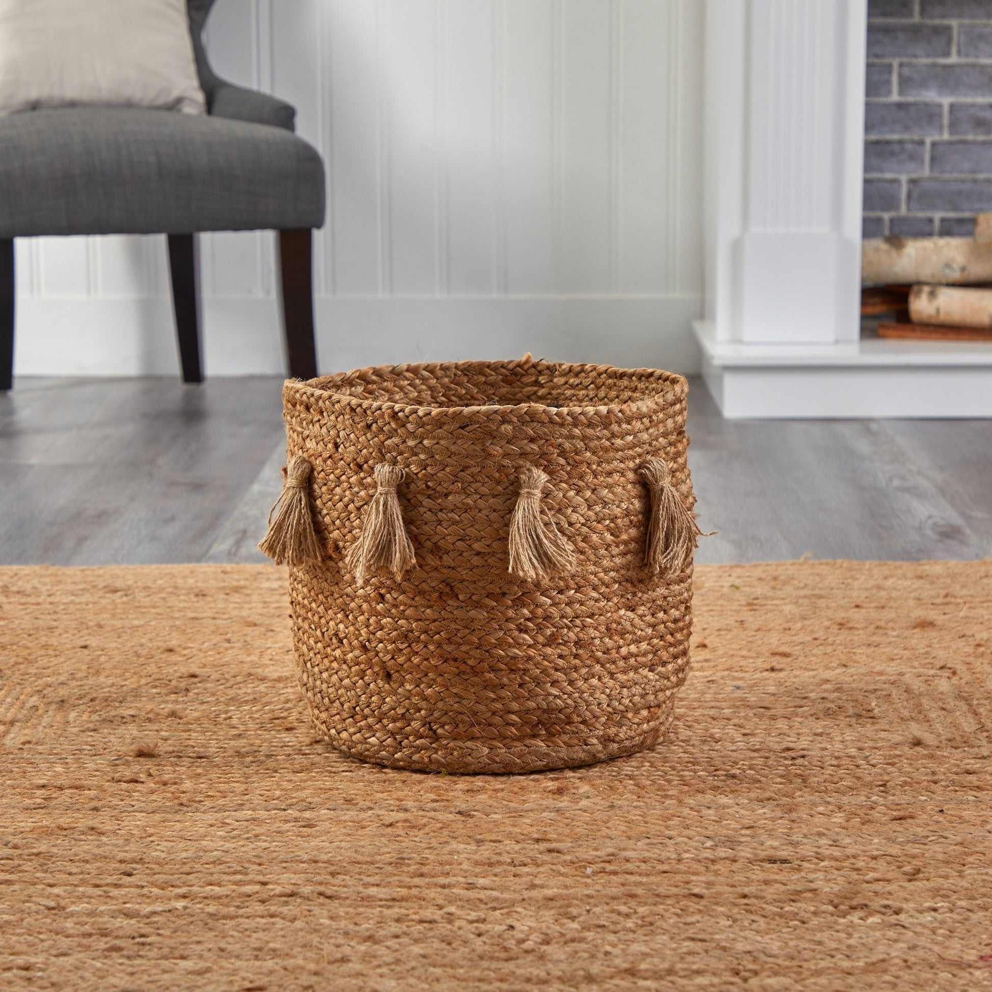 12.5” Boho Chic Natural Hand - Woven Jute Basket with Tassels - TheHardenGarden