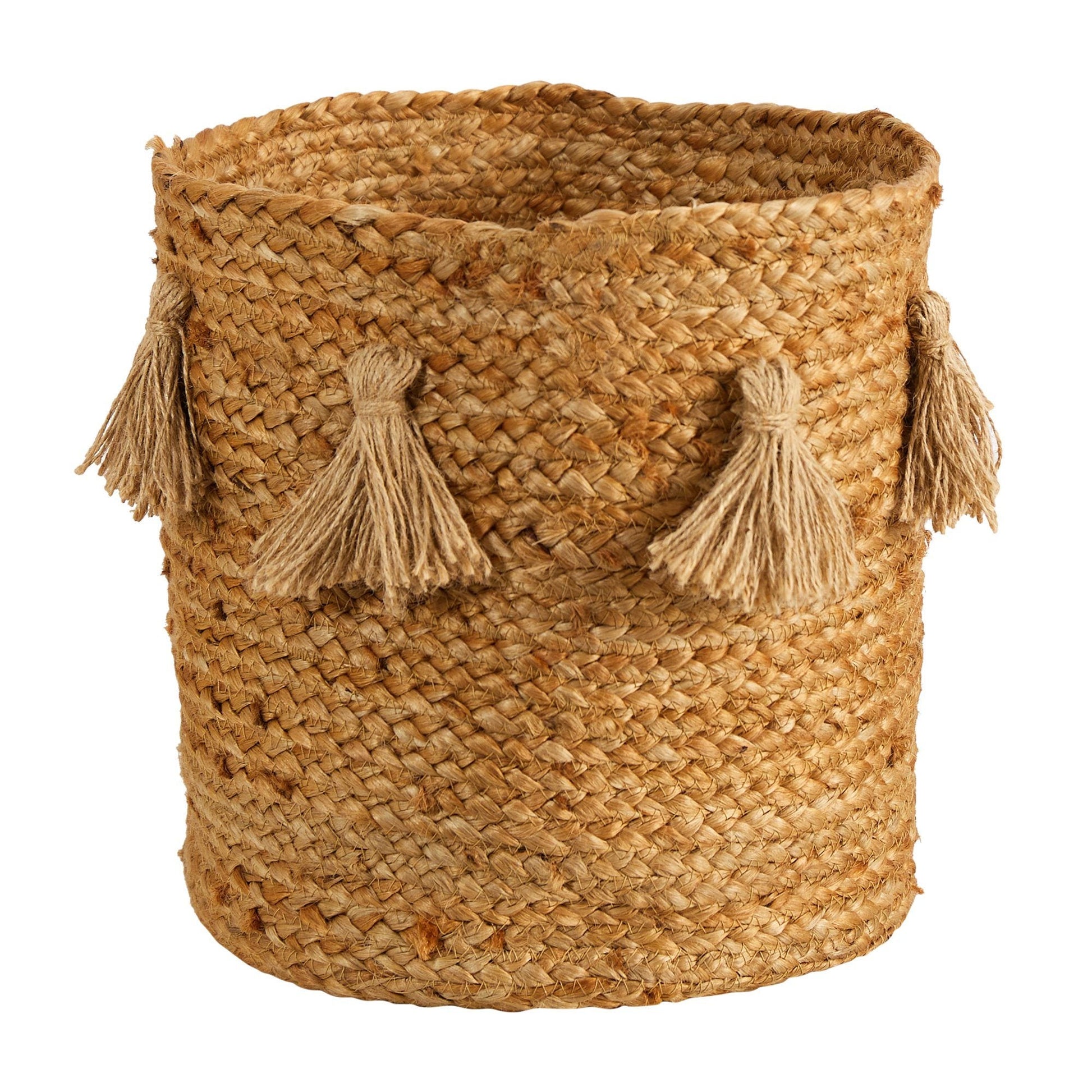 12.5” Boho Chic Natural Hand - Woven Jute Basket with Tassels - TheHardenGarden