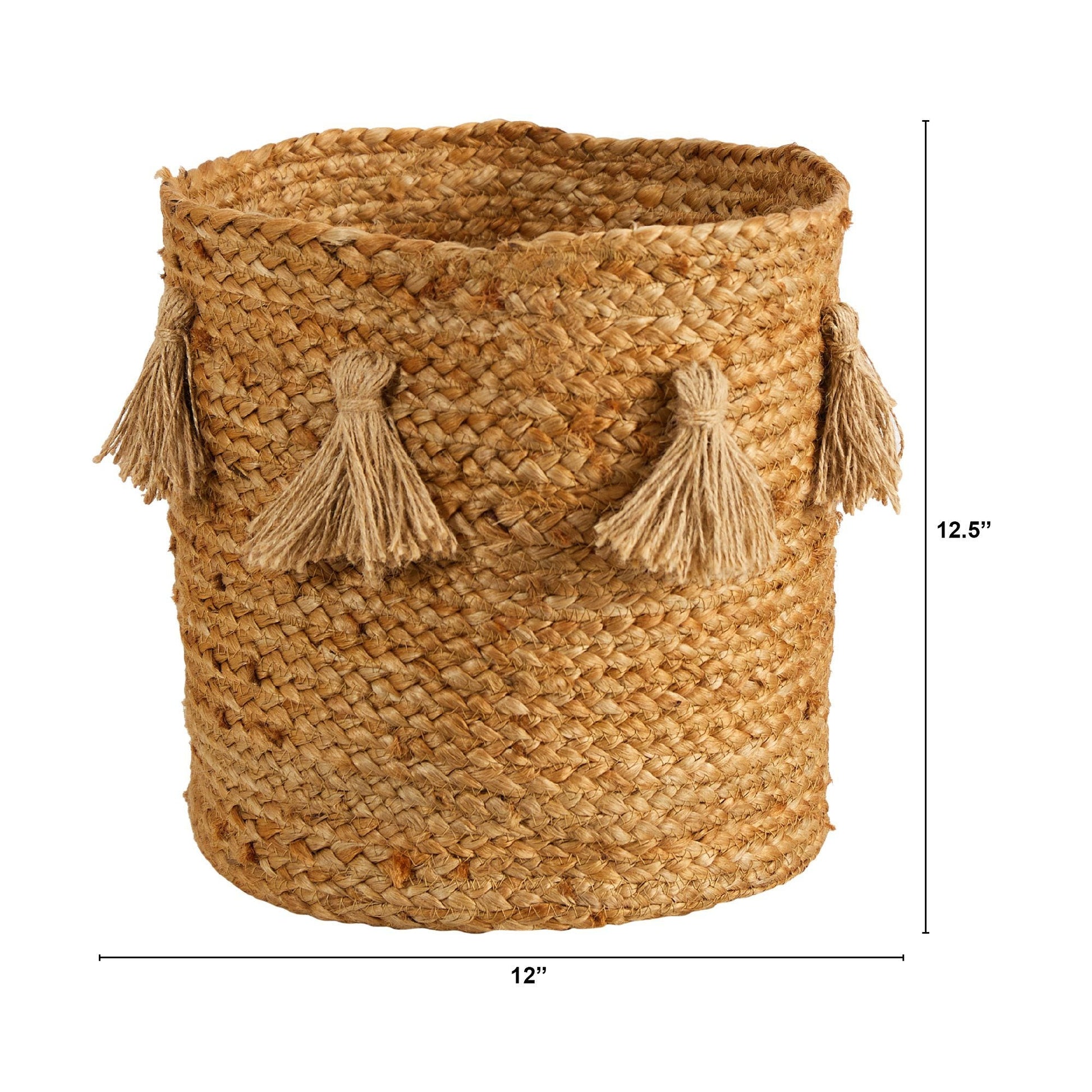 12.5” Boho Chic Natural Hand - Woven Jute Basket with Tassels - TheHardenGarden