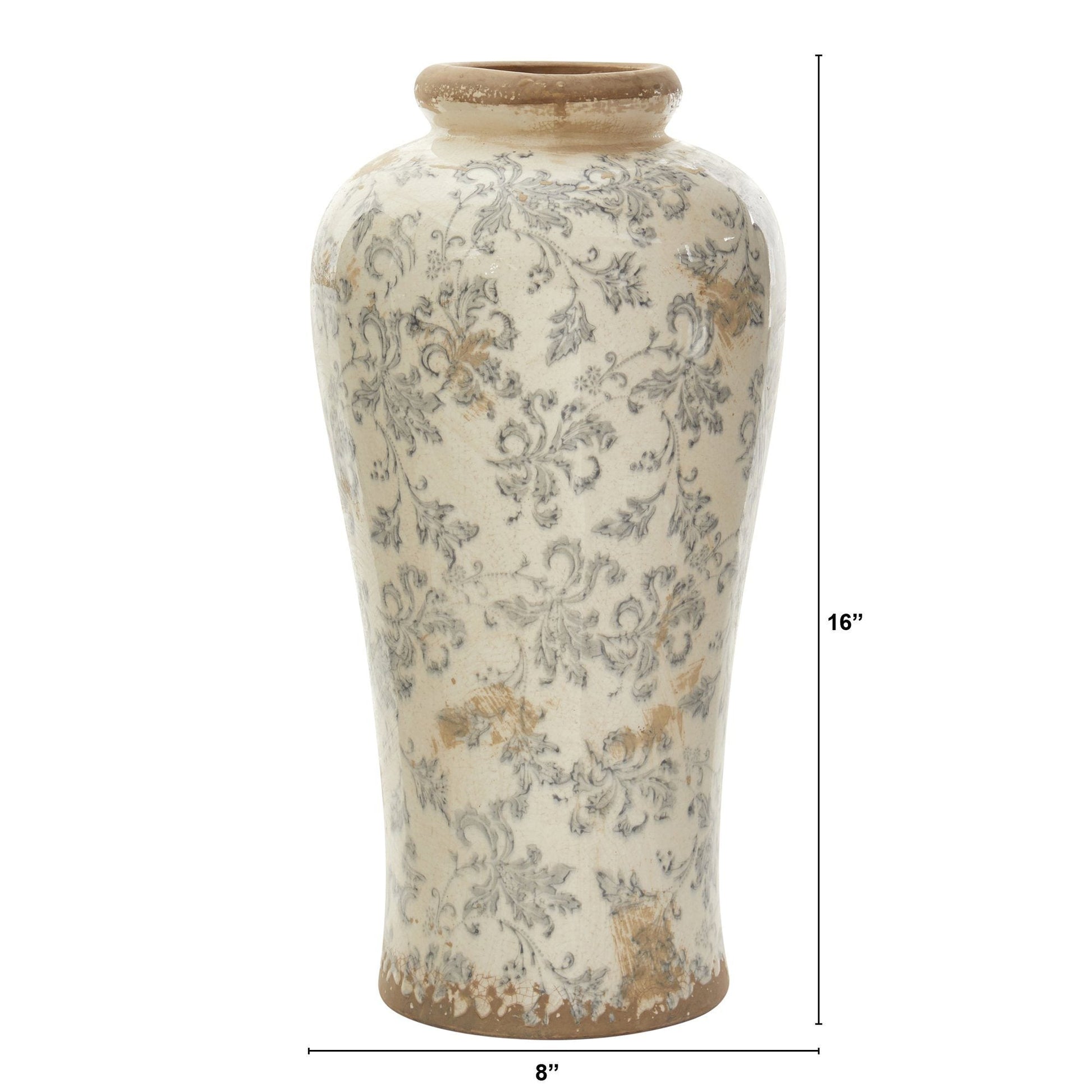 16” Tuscan Ceramic Floral Scroll Urn Vase - TheHardenGarden